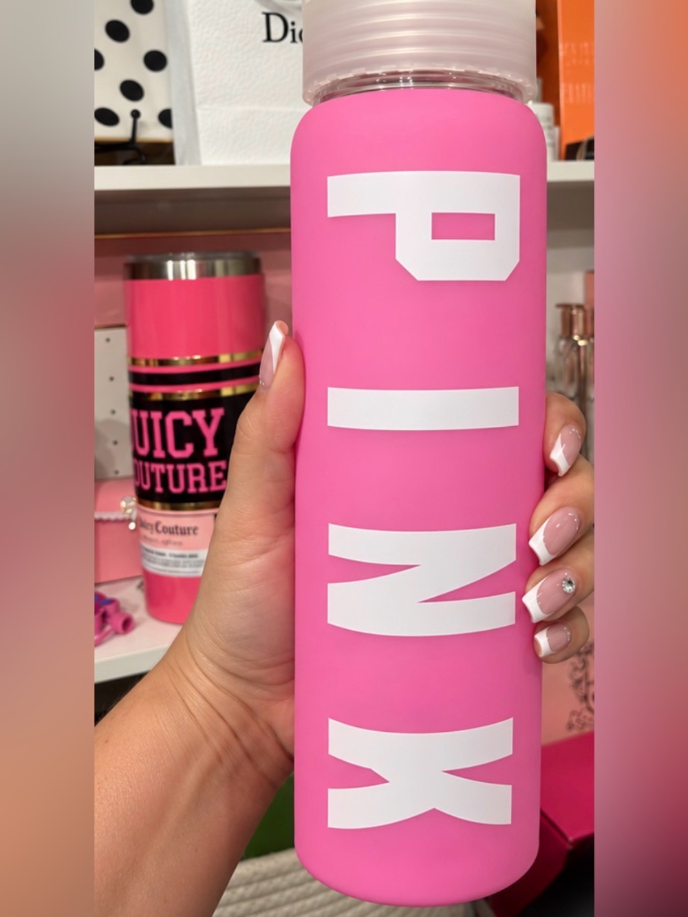 Victoria’s Secret PINK Glass Water Bottle – Pink & White